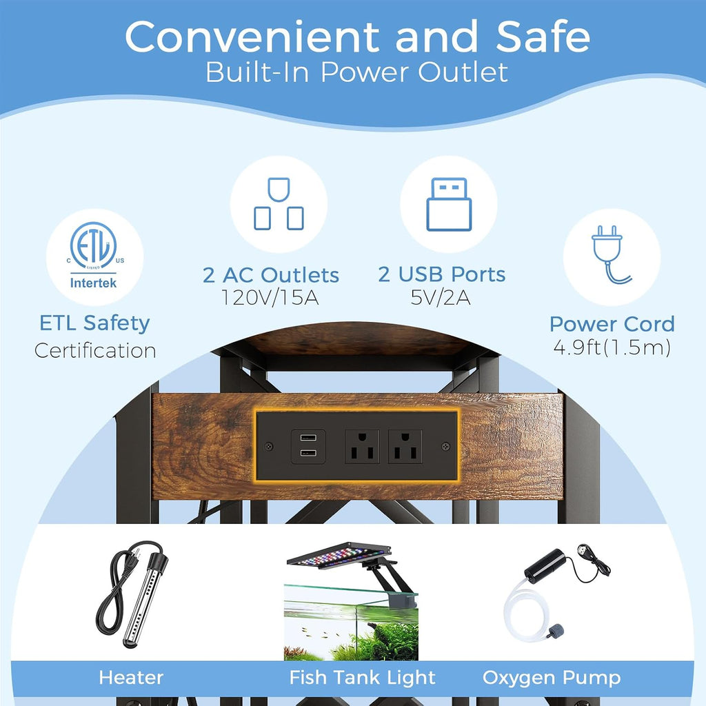20-29-37 Gallon Fish Tank Stand with Power Outlet, Adjustable Shelf