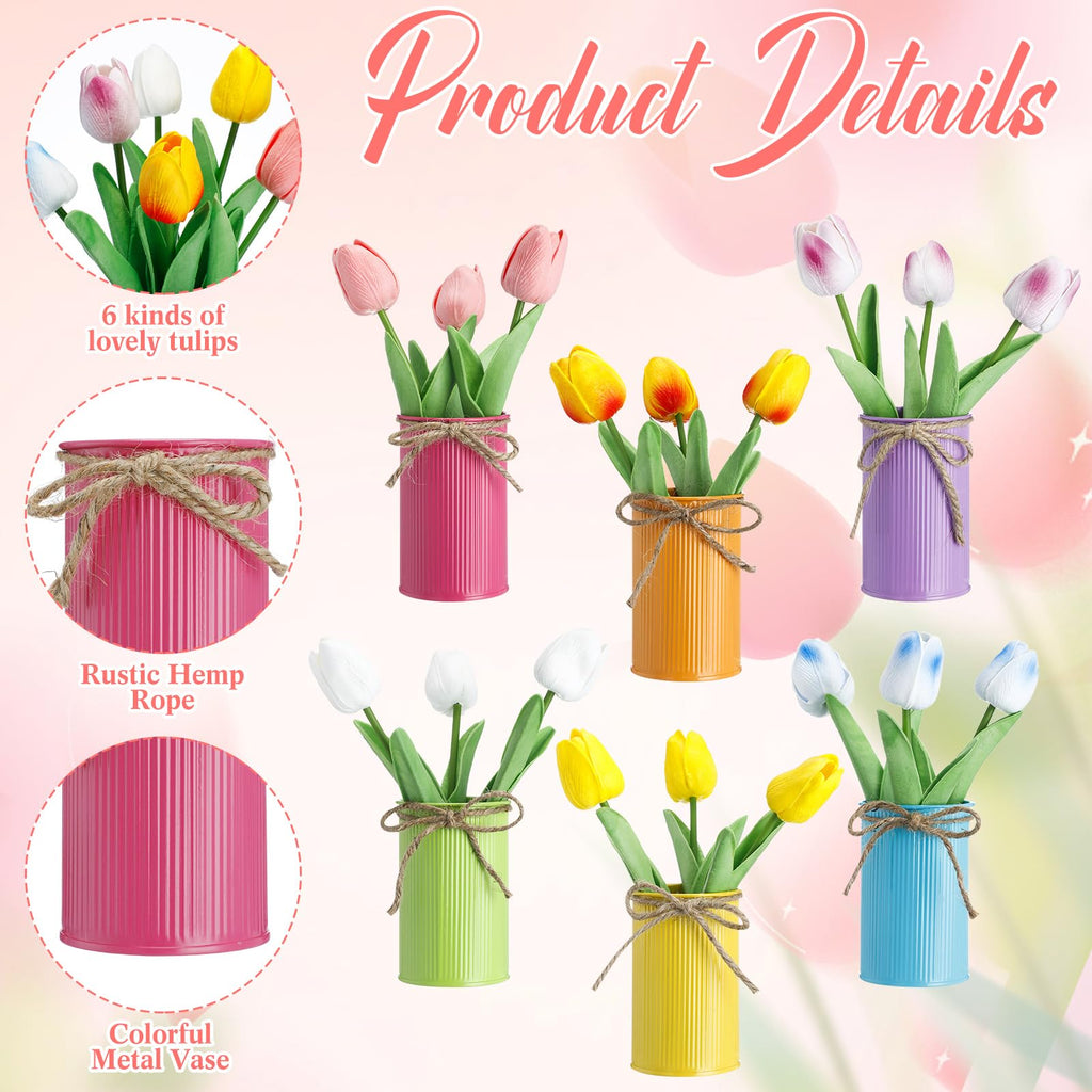 12 Sets Easter Centerpieces for Tables Easter Office Decorations Spring Artificial Tulip with Galvanized Metal Pot