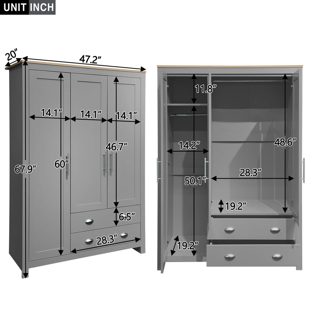 3 Doors Armoire Wardrobe Closet with 2 Drawers, 67.9" H Wooden Closet Wardrobe Cabinet with 2 Hanging Rods and