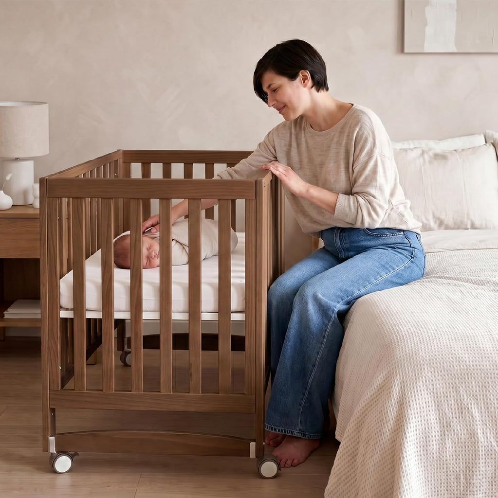 EvoNest 6-in-1 Convertible Baby Mini Crib with Wheels, GREENGUARD Gold Certified, 4 Adjustable Mattress Heights, 100%