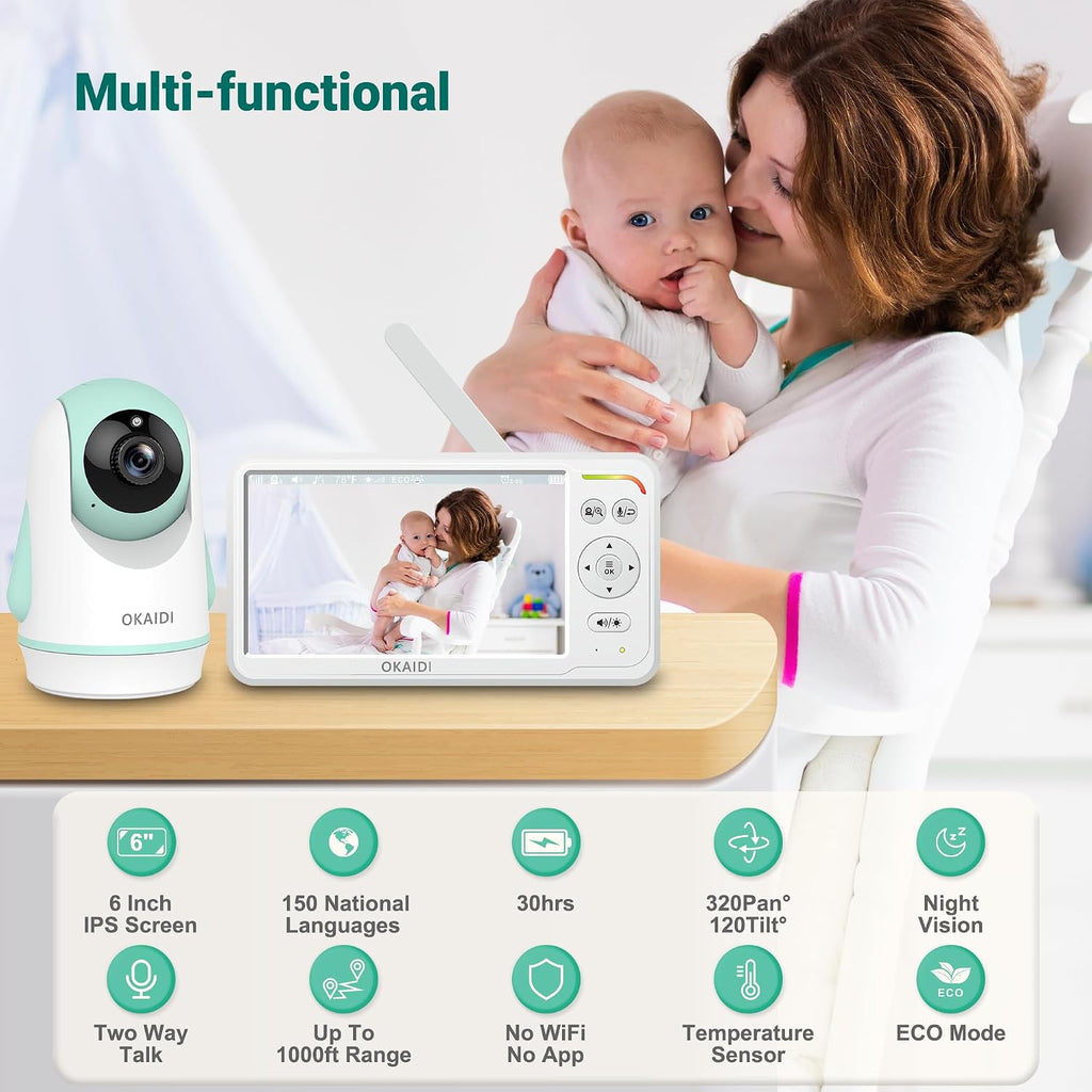 6" IPS Screen Baby Monitor with Camera and Audio, Pan-Tilt-Zoom