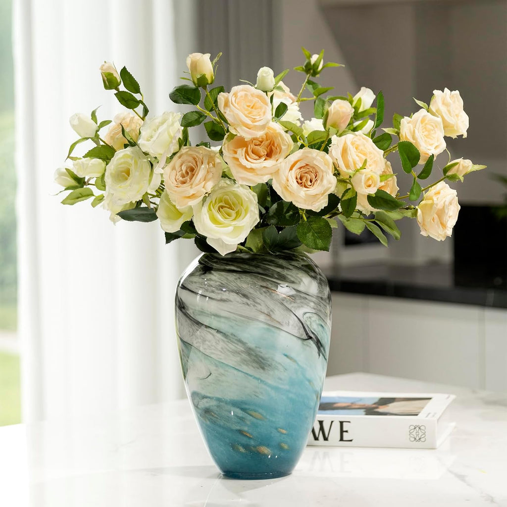 11" H Teal Glass Vases for Flowers, Unique Hand Blown Glass Vase Blue Home Decor, Wide Mouth Colorful Flower Vase