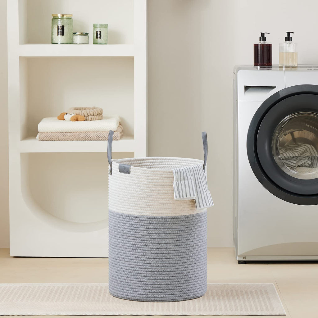 58L Tall Woven Rope Laundry Hamper, Leather Handles, Grey & White