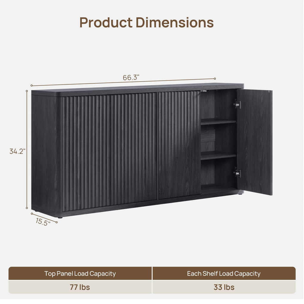 Buffet Cabinet with Storage Accent Sideboard with 4 Doors 66.3" Wide Fluted Credenza Modern Buffet Table Media