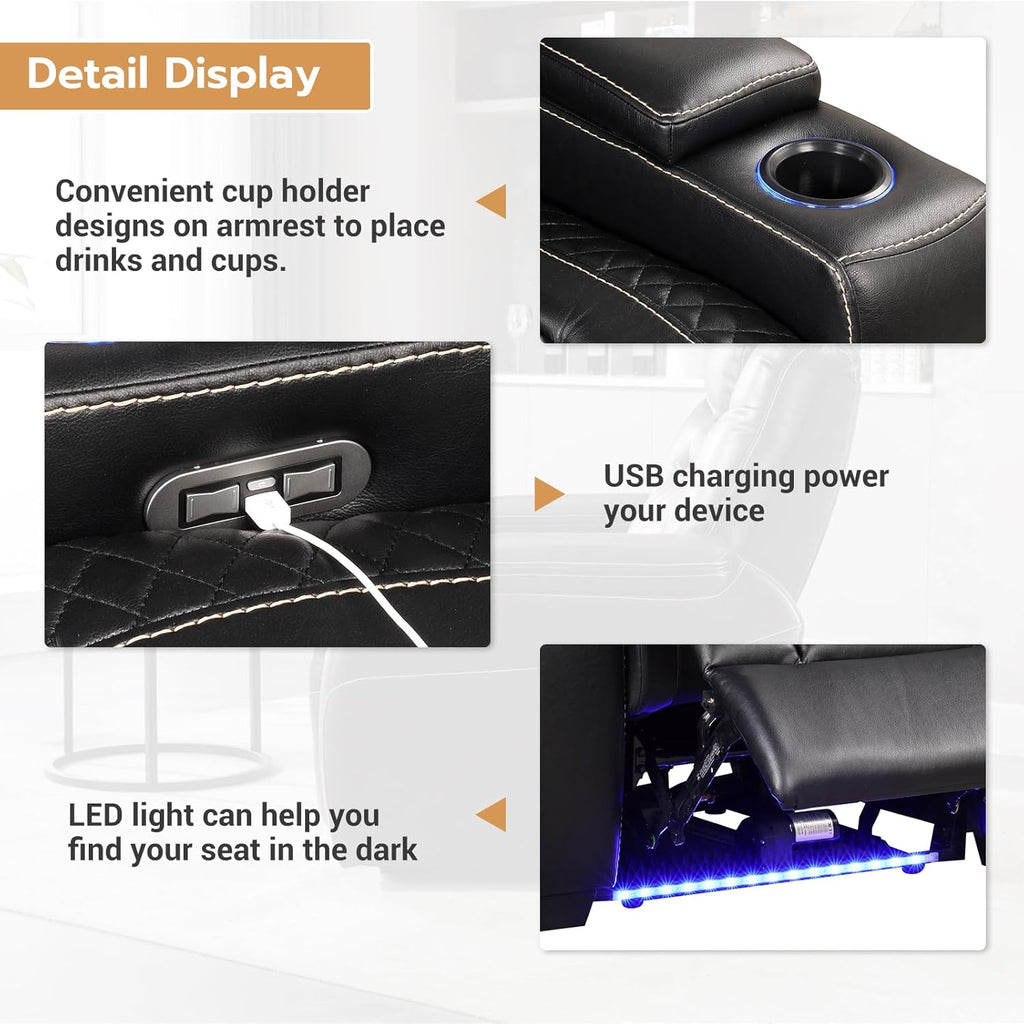 ANJ Power Home Theater Seating, PU Leather Electric Recliner Chair with Powered Headrest