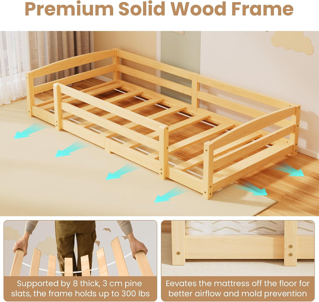 Toddler Floor Bed with Wood Slats, Montessori Floor Bed Frame for Kids