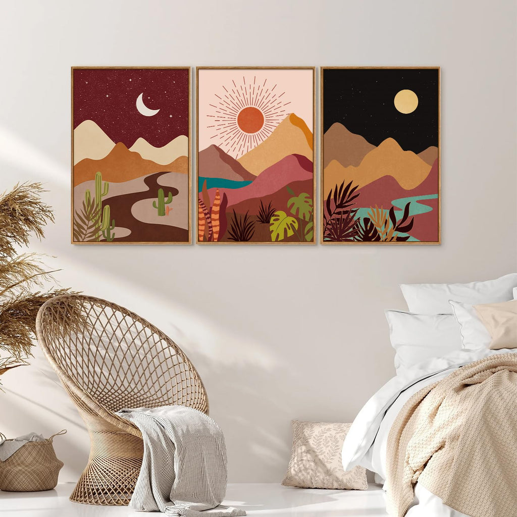Boho Desert Framed Canvas Wall Art Set of 3, Colorful Sun and Moon Art Prints, Bohemian Modern Cactus Art Paintings
