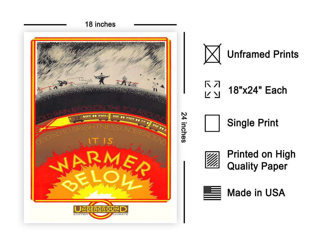 Master Vintage Travel Poster - Retro Tourism Print - It Is Warmer Below, London Underground, Climate, Train - Gift