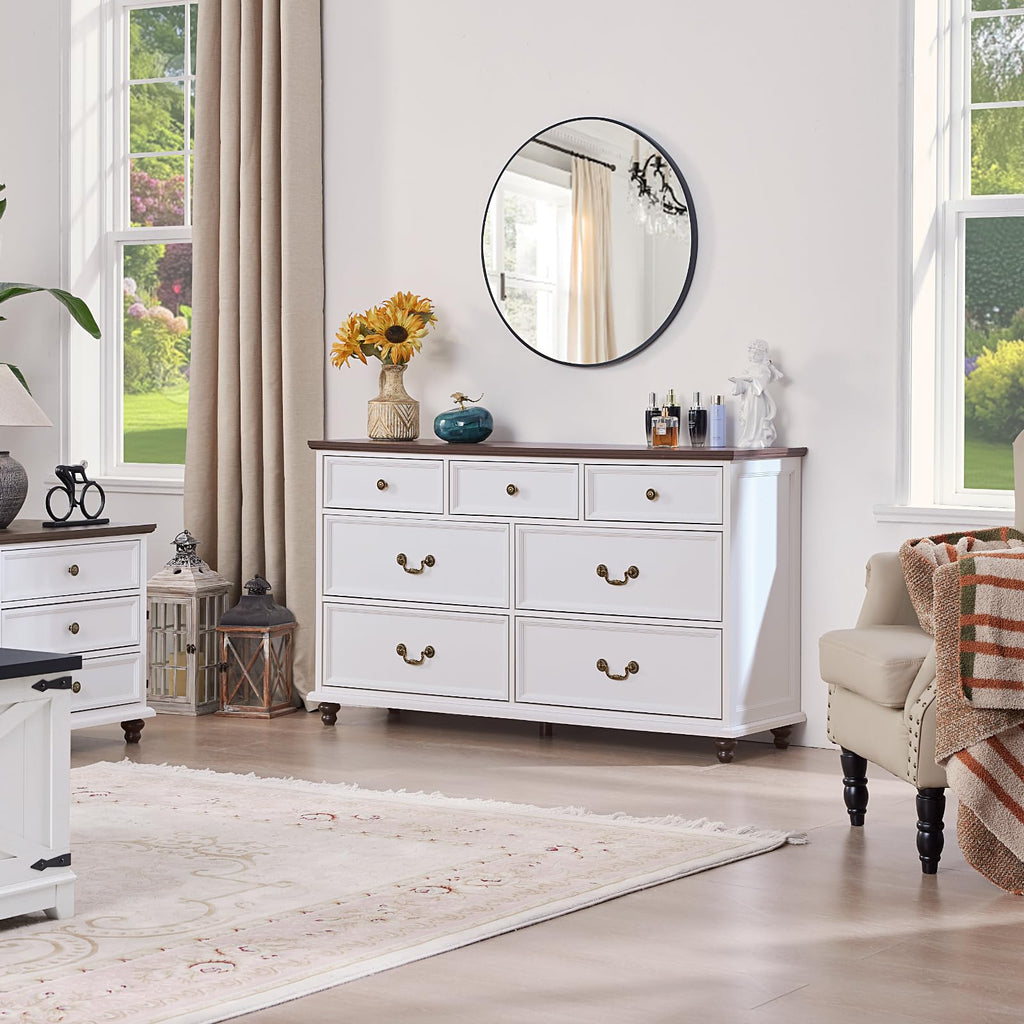Farmhouse 7 Drawers Sets of 2, White 54 Inch Wide Chest of Drawers w/ 4 Wooden Legs, Large Vintage Rustic Closet