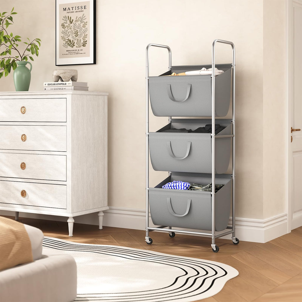 3-Tier Vertical Rolling Laundry Hamper with Wheels & Removable Bags
