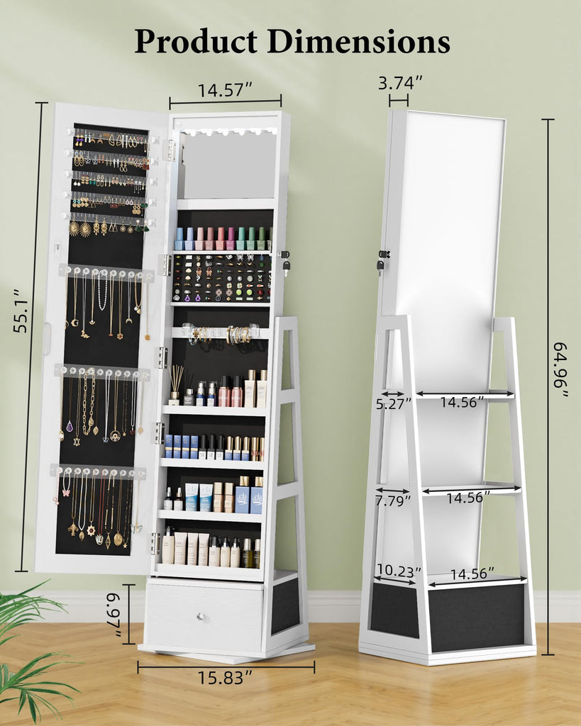 Jewelry Armoire with Bottom Drawer Rotatable Jewelry Cabinet, White