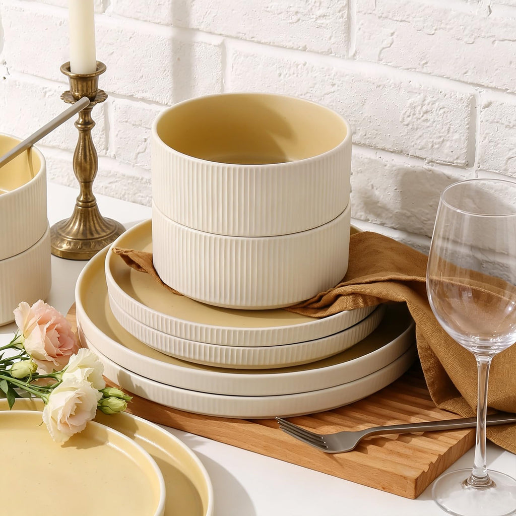 18PCS Ceramic Dinnerware Set for 4, Stoneware Plates and Bowls Sets