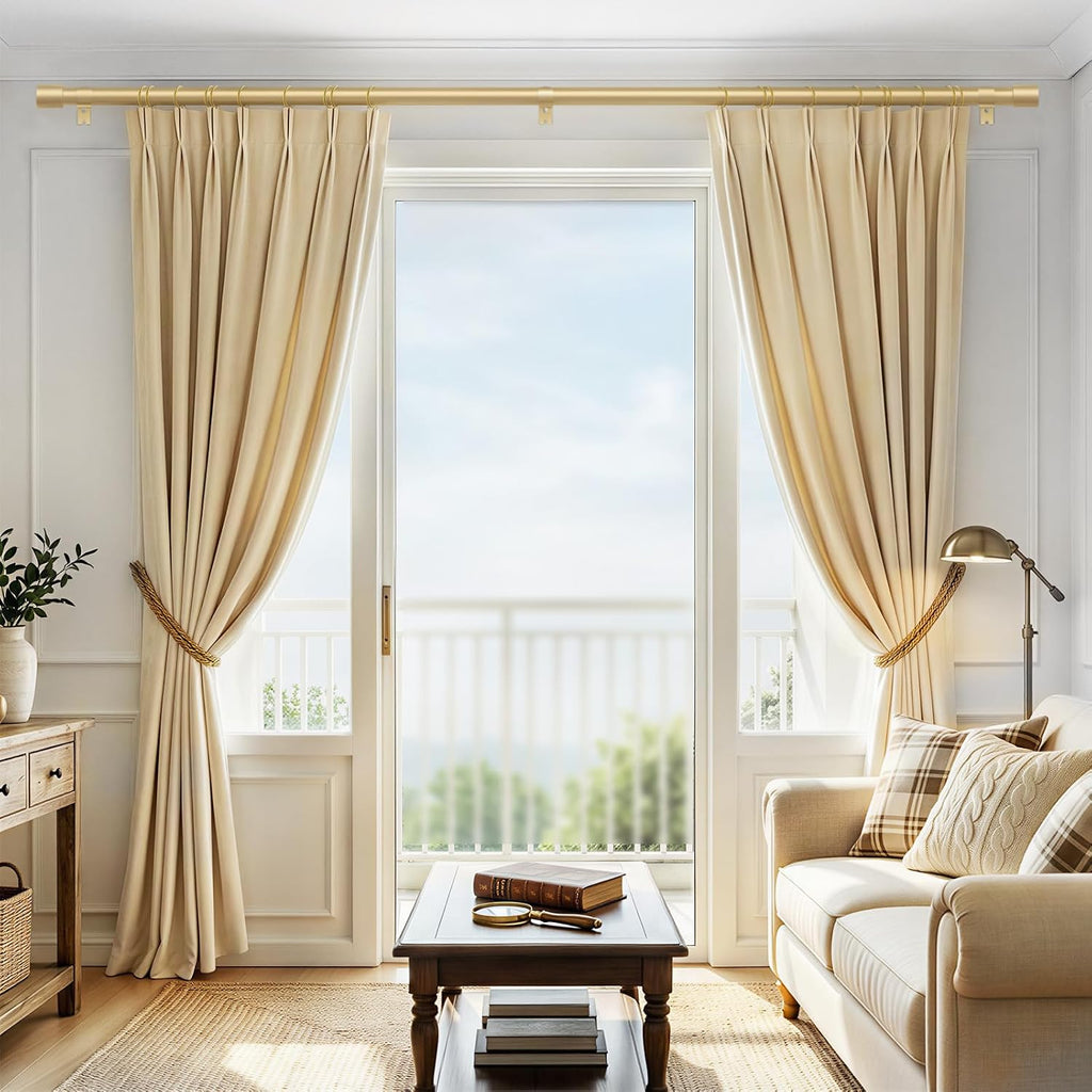 Heavy Duty Curtain Rods for Windows 66 to 120 Inch, 1 Inch Gold Curtain Rod Adjustable, Decorative Long Curtains Rods