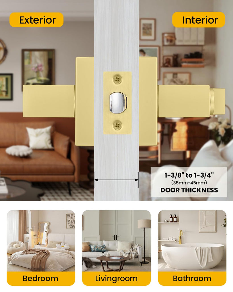 Brushed Gold Privacy Door Handles Interior, Bedroom - 6 Pack
