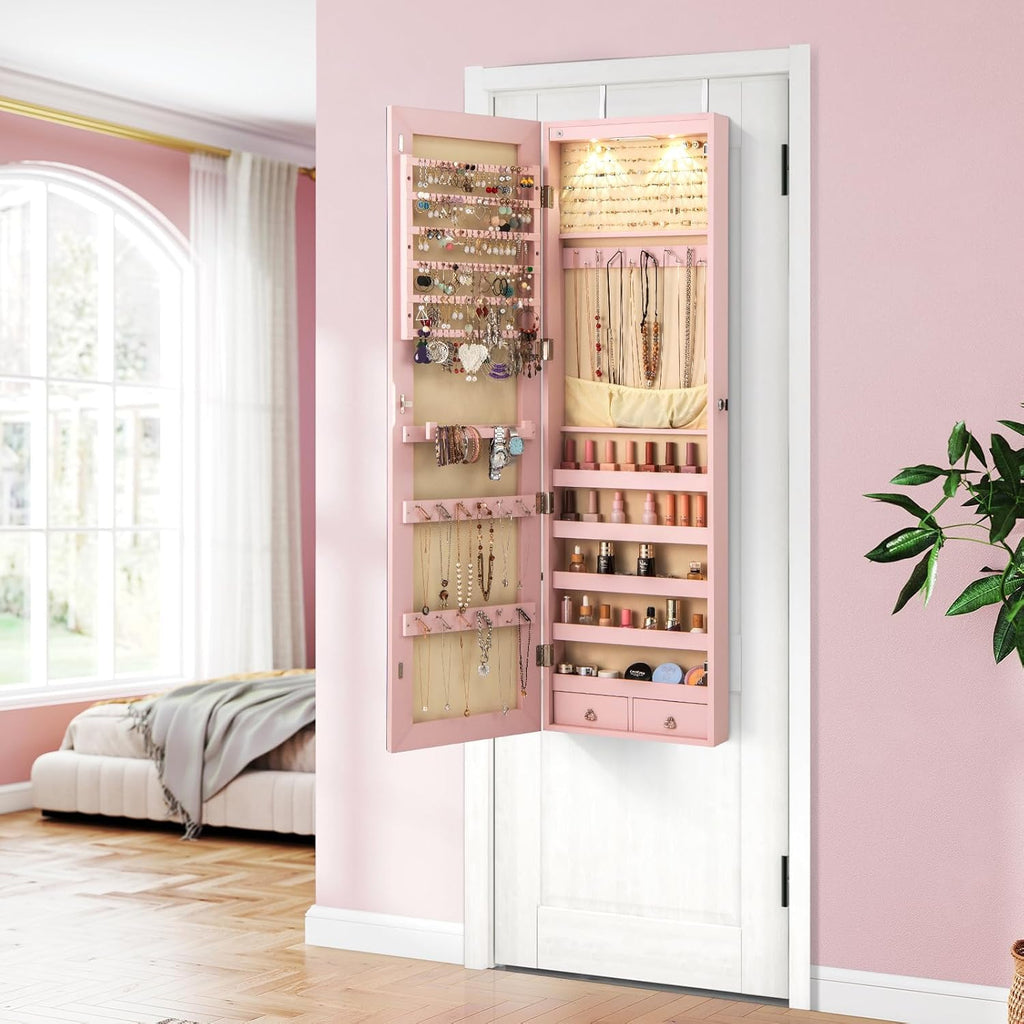 Wall or Door Mounted Lockable Jewelry Armoire with Full-Length Mirror