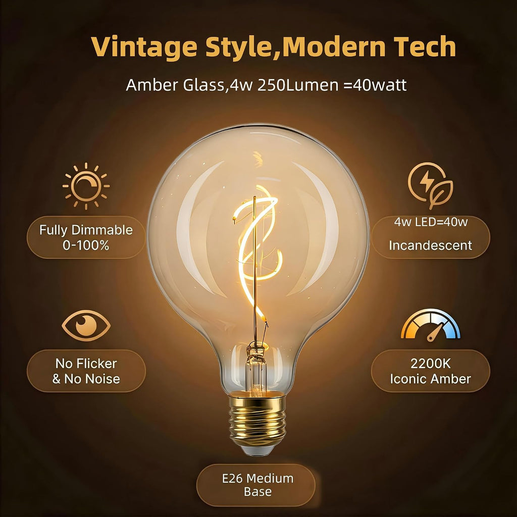 Oversized LED Edison Bulb, Amber 4W 2200K Dimmable E26 Globe 1PK