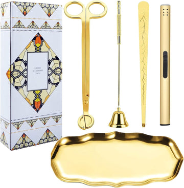 5 in 1 Candle Accessory Set,Gold Rechargeable Lighter & Candle Wick Trimmer - Set of 5