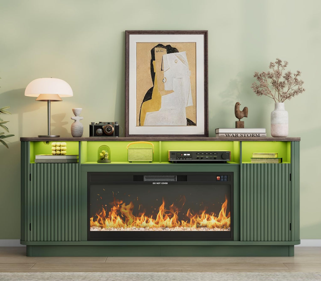70" Fluted Fireplace TV Stand Modern Entertainment Center with 36" Electric Fireplace, Wood Media Console w/Power