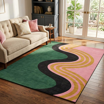 5x7 Green and Pink Modern Abstract Wavy Stripe Area Rug