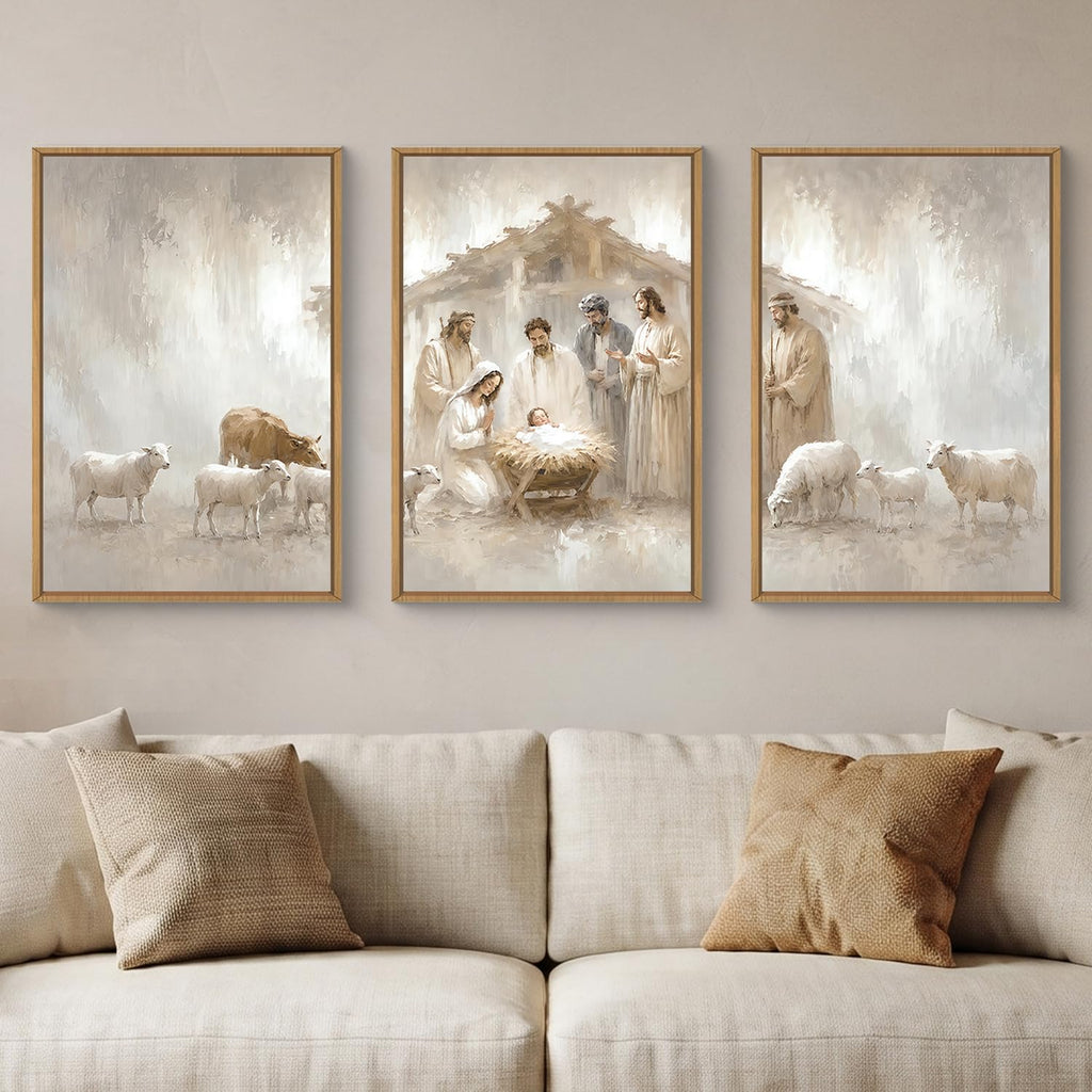 Jesus Nativity Christian Scene Framed Canvas Wall Art Set, Vintage Christmas Birth of Jesus Christ Wall