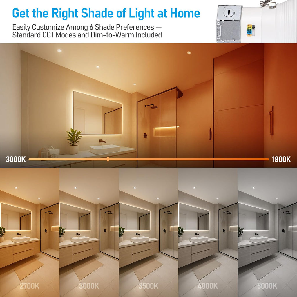 6CCT 4 Inch LED Recessed Light Canless, Dim to Warm, White