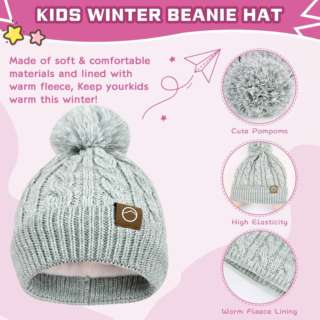 Kids Winter Hat Gloves Scarf Set, Girls Boys Hats Beanie with Pom