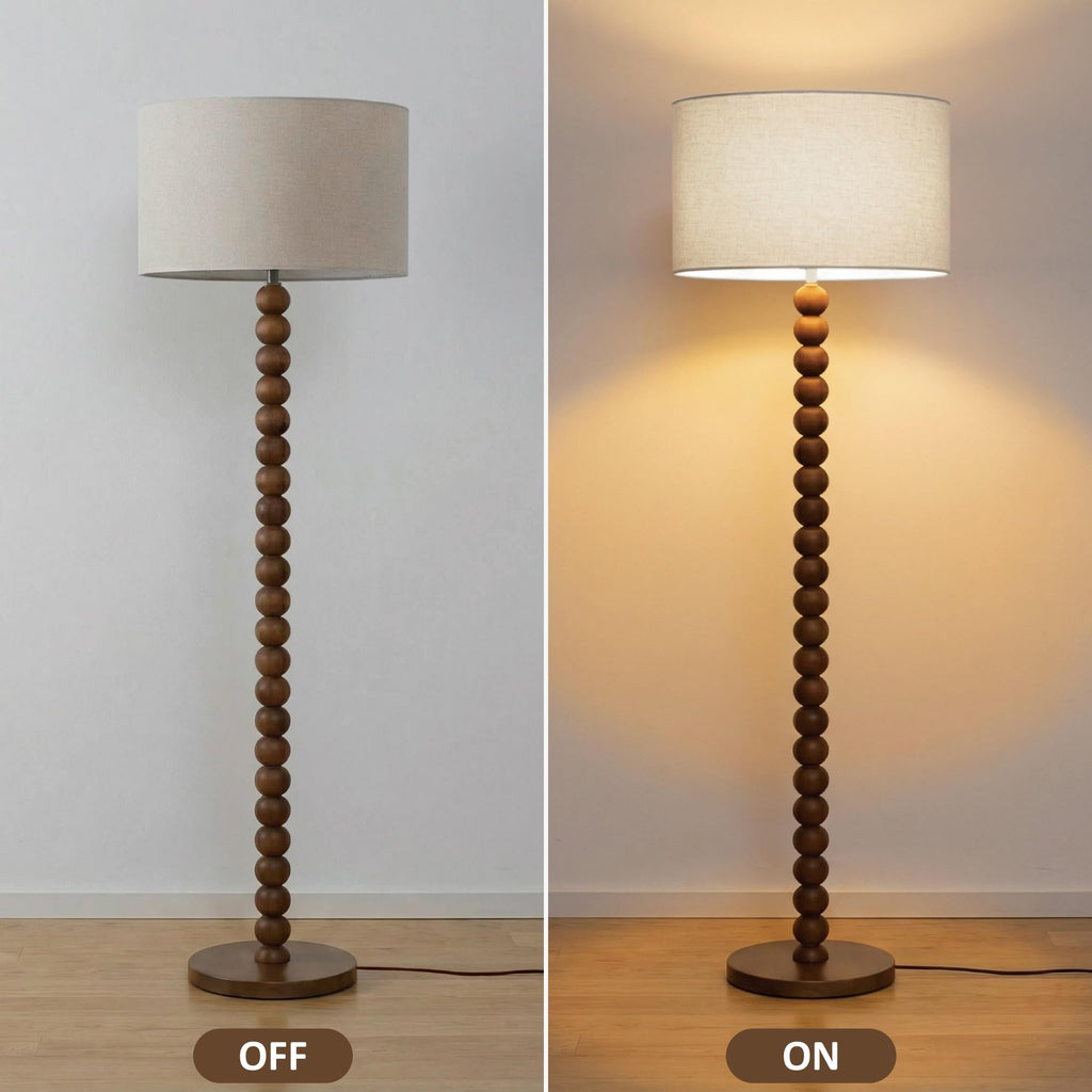 60.6 Inch Beaded Walnut Wood Floor Lamp with Linen Shade, Cream