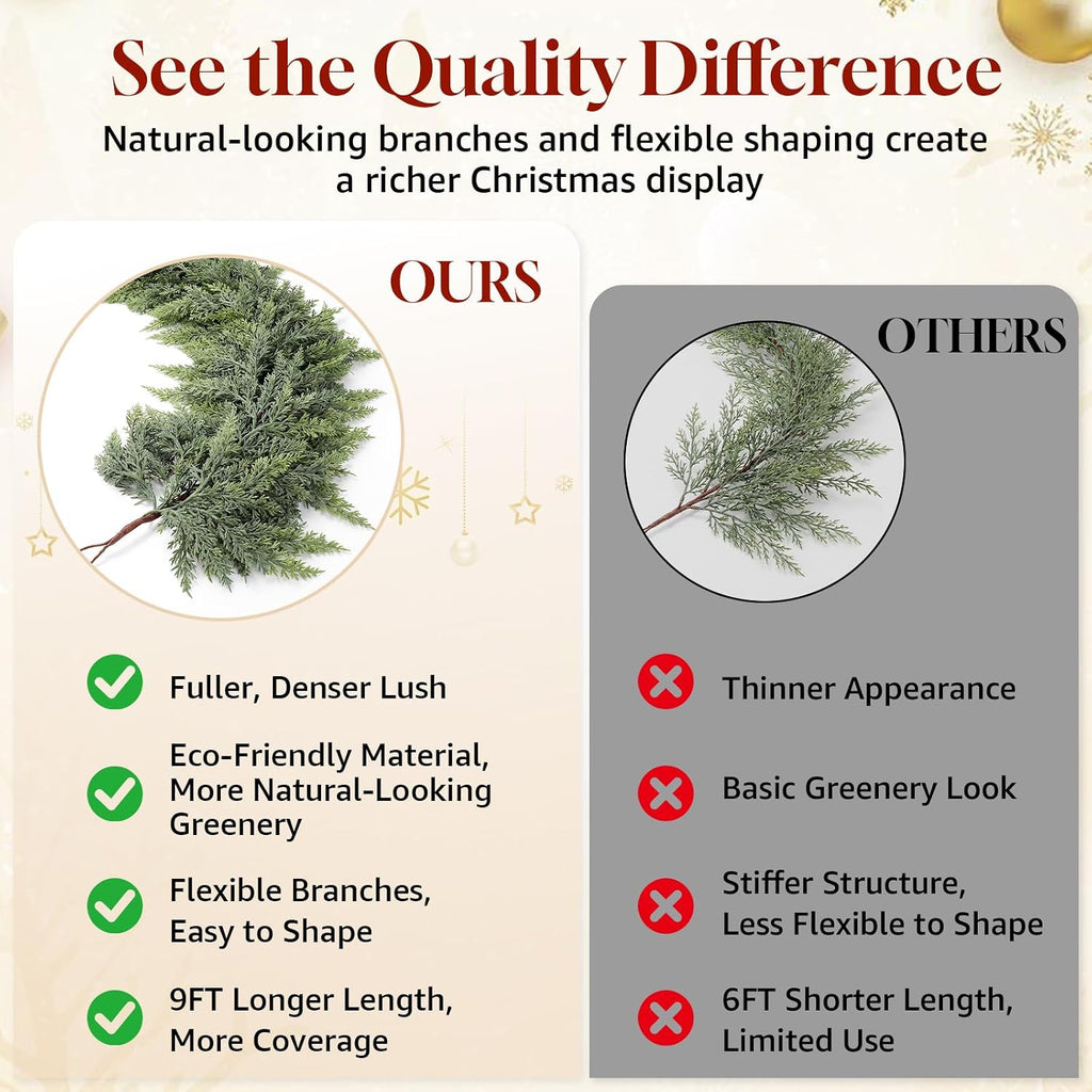 9FT Christmas Cedar Garland with Lights, Artificial Pine Greenery Decor