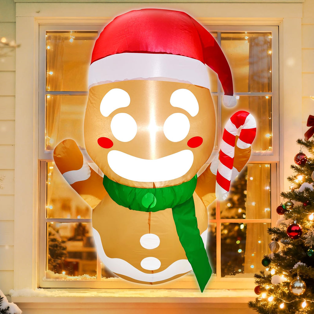 Christmas Inflatable Gingerbread Man Broke Out from Window, Built-in Bright LED Lights 3.5FT Blow Up Xmas Decor