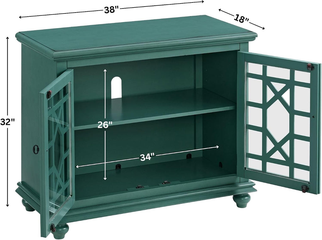 Elegant Small Spaces Accent Cabinet, Teal Green | Solid Wood, Glass Doors, Vintage Sideboard, Small TV Stand , Turned