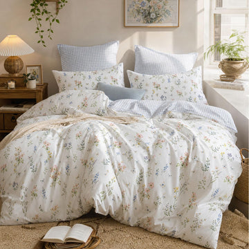 Gingham Duvet Cover 3 Pieces Colourful Floral Bedding Set
