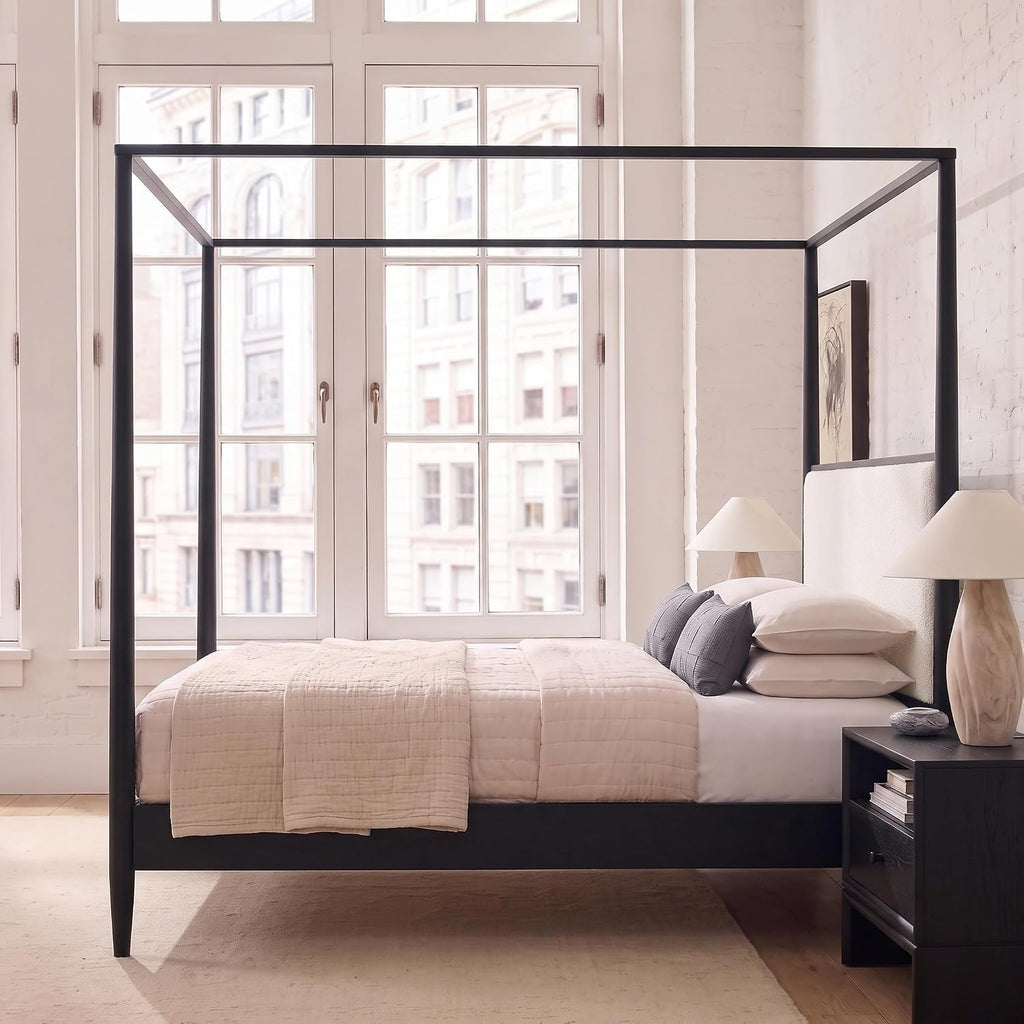 Solid Wood Canopy Bed Frame with Upholstered Headboard