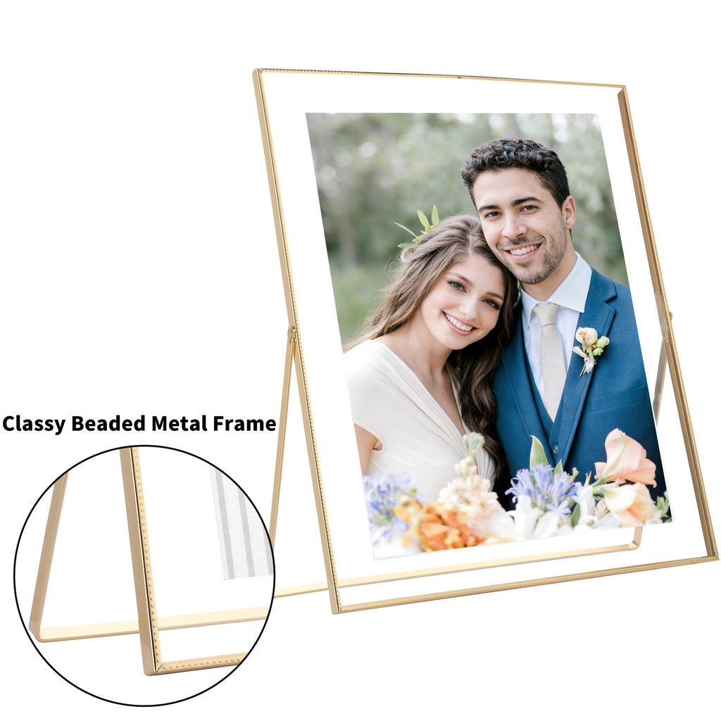 Gold 5x7'' Triple Metal Hinged Baby Nursy Picture Frame, Beaded Edge Design, with High-Definition Tempered Glass and