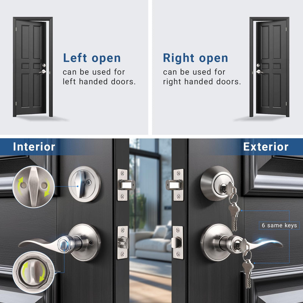 6 Pack Entry Lock with Single Cylinder Handleset Satin Nickel, Keyed Alike(Combo Pack), Wave Style Door Lever Lockset