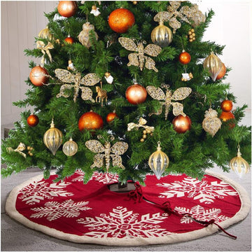 48" Knitted Red Christmas Tree Skirt with Snowflake Pattern for Xmas Winter Holiday Party Decoration(White Snowflake)