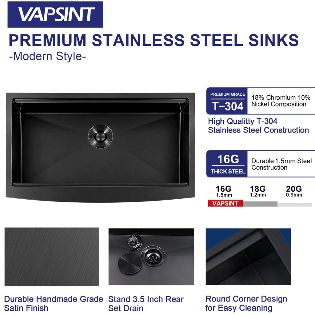 33 Inch Black Farmhouse Kitchen Sink, 33x20x9 Inches Stainless Steel Undermount 16 Gauge Deep Single Bowl Apron Front
