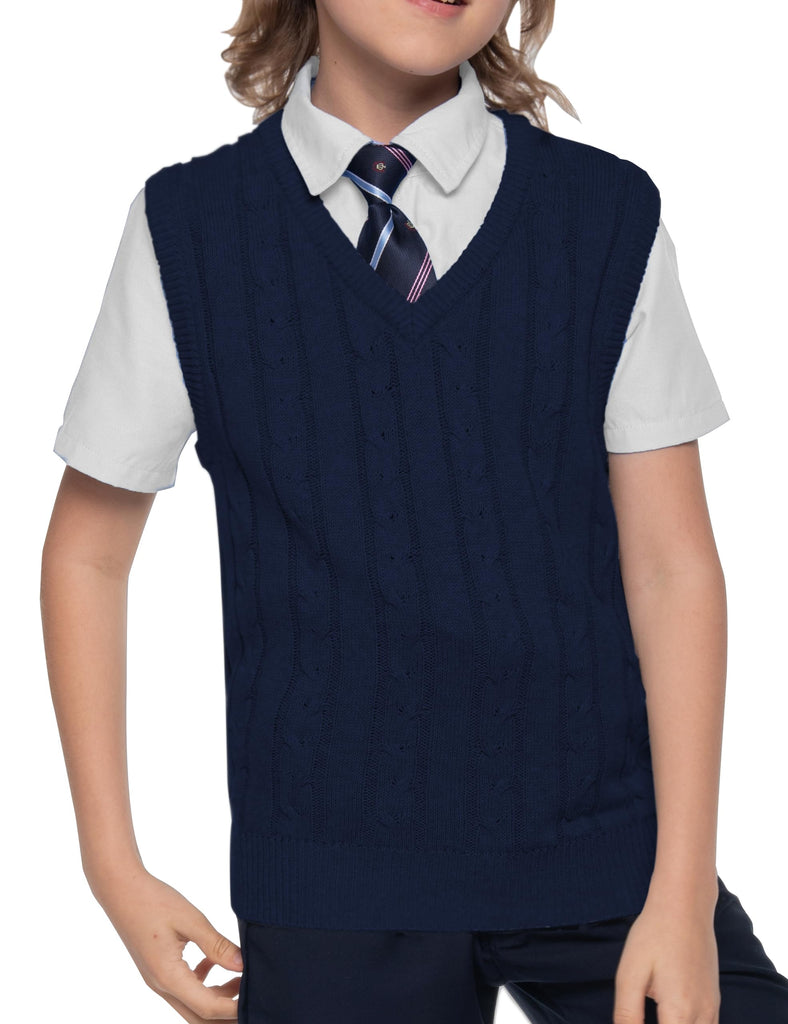 Unisex Cable Knit 100% Cotton Toddler Uniform Vest for Little Big Childrens Kids Teenage Girls Classic Navy