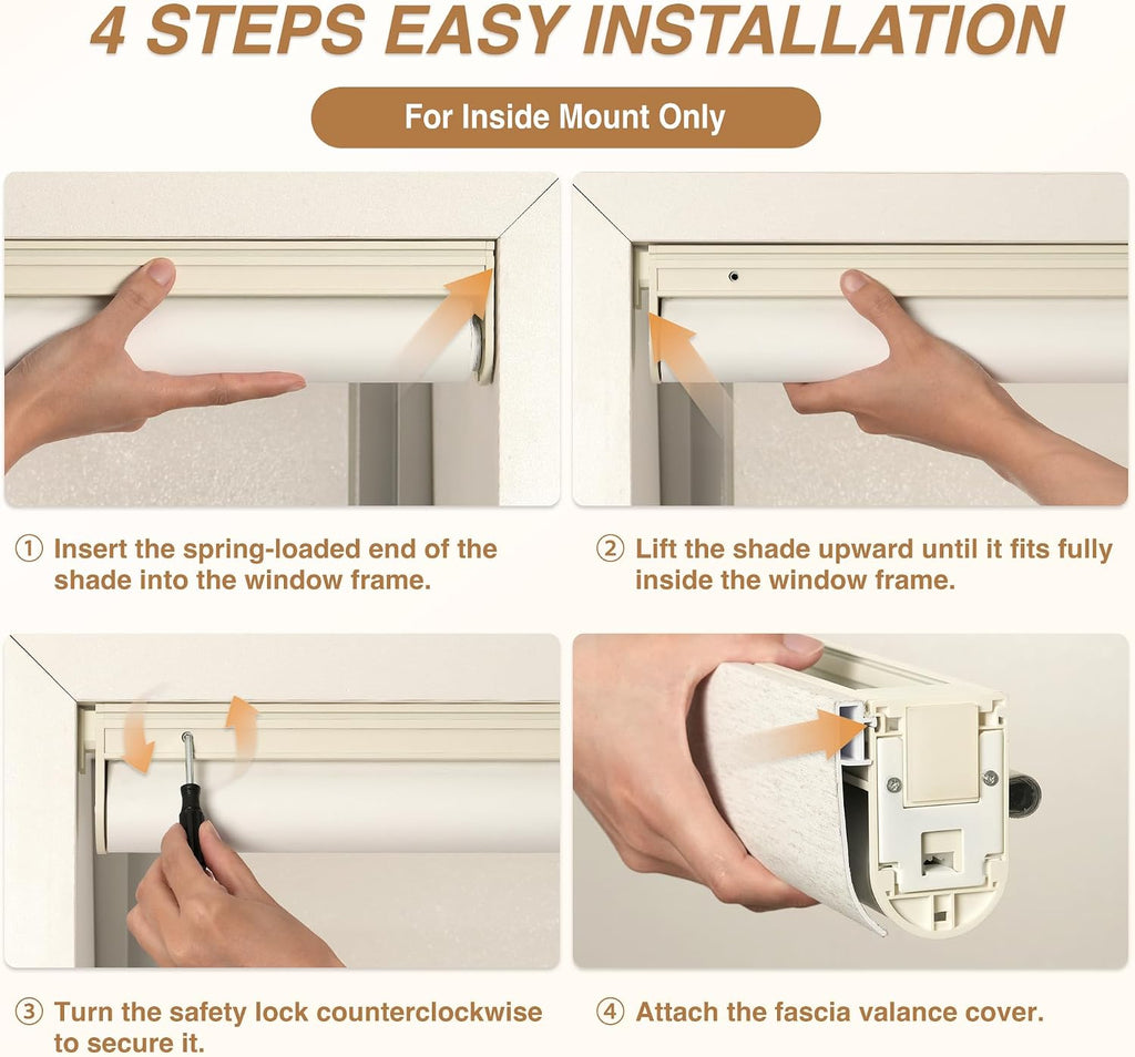 No Drill Cordless Blackout Roller Shades, Linen, | Thermal Insulation, UV Privacy Protection, Easy Install Fabric