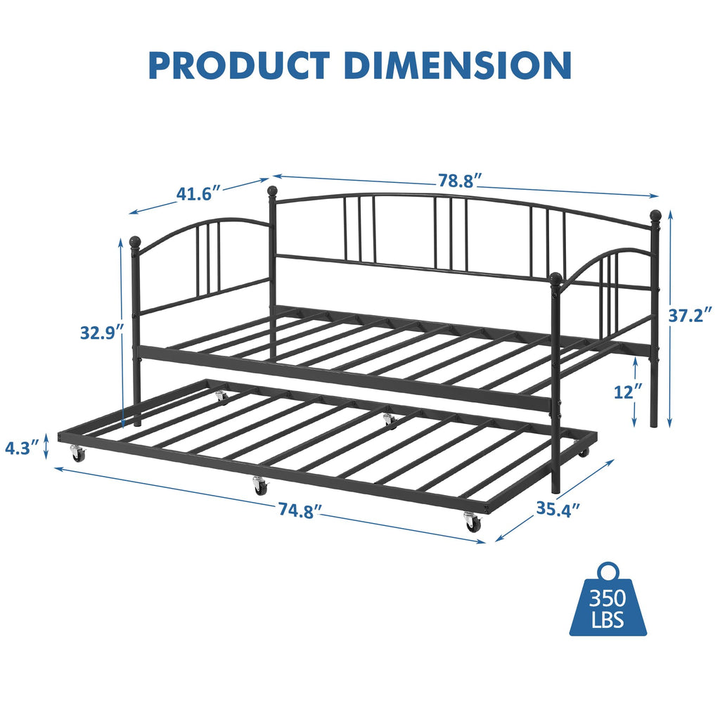 Twin Metal Daybed with Trundle, Pullout Trundle Bed Frame with Arched Headboard, Guest Sofa Bed with Steel Slat