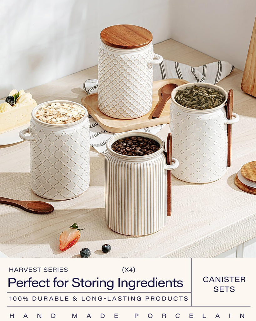 Small Canisters Sets for the Kitchen, 18 oz Sugar Coffee Tea Storage Containers, Ceramic Kitchen Canisters - Set of 4