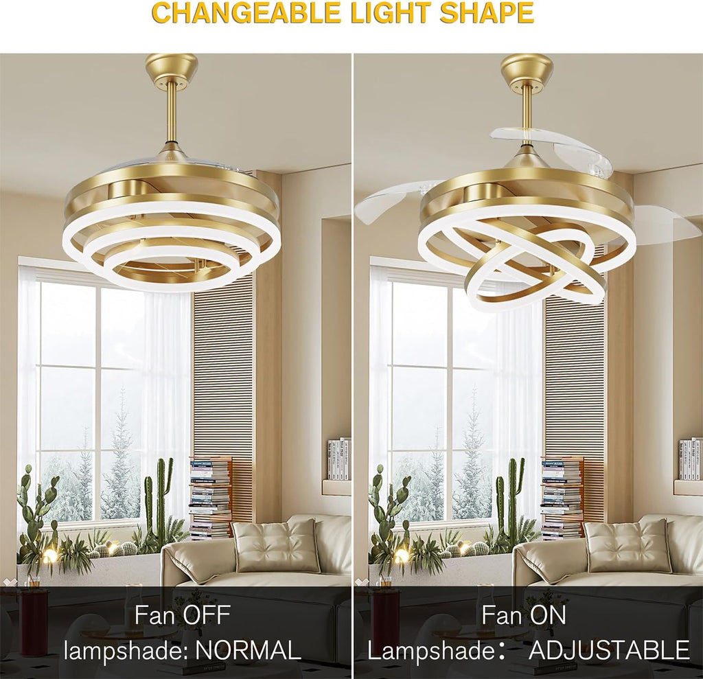 42'' Retractable Chandelier Ceiling Fan with Light, Gold