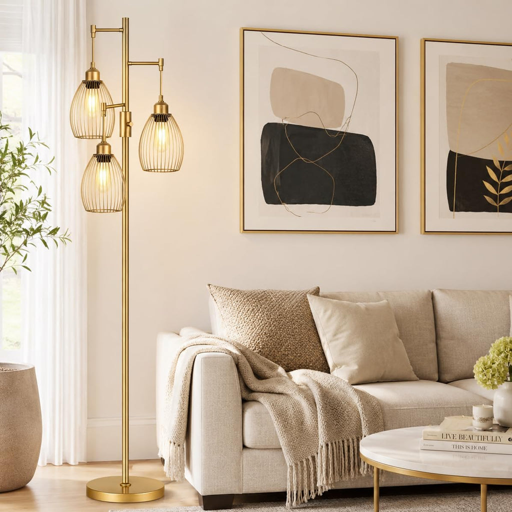 Dimmable Floor Lamp, 3 x LED Edison Bulbs Included, Farmhouse Industrial Floor Lamp Standing Tree Lamp with