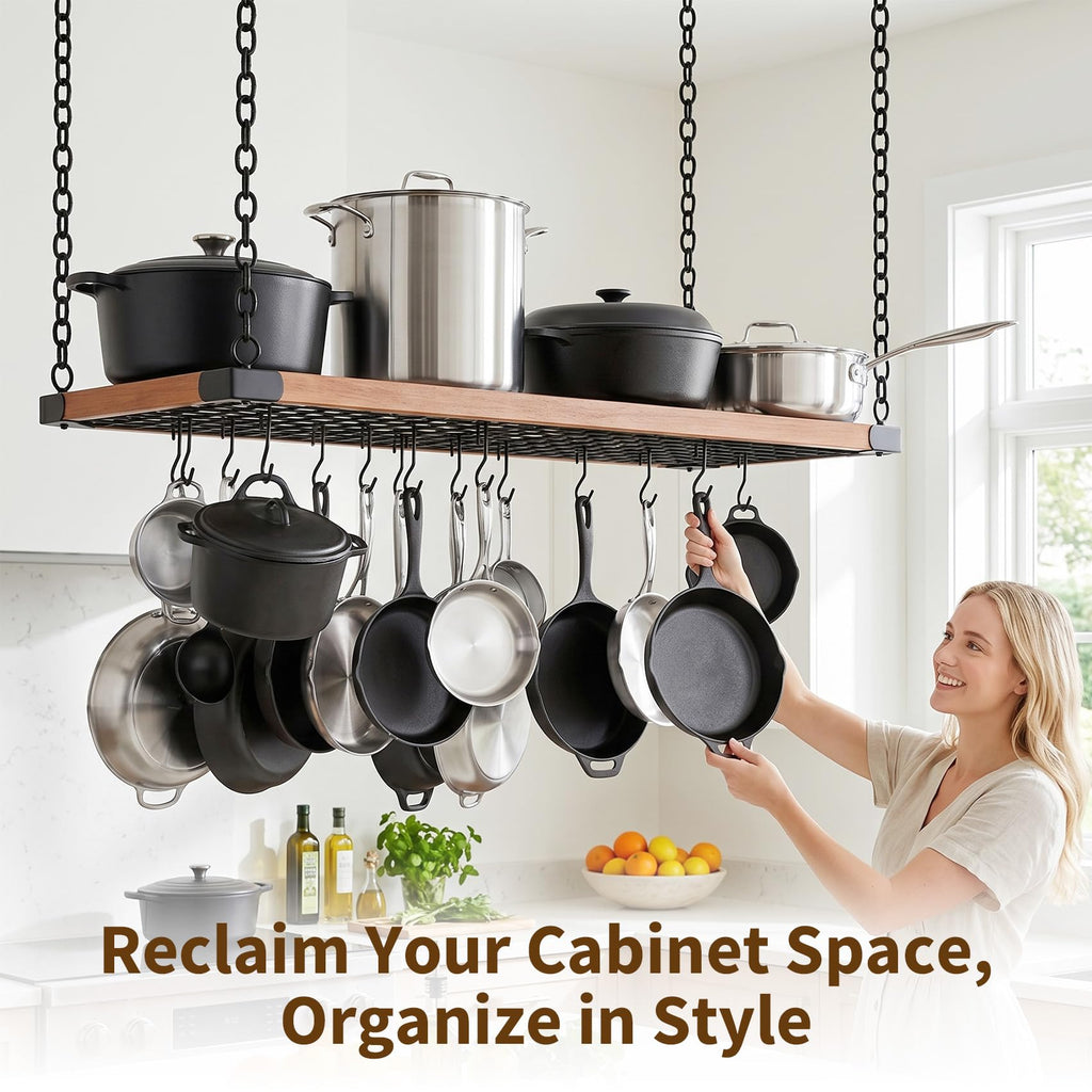 48 Inch Large Hanging Pot Rack Ceiling Mount,Heavy Duty Pot and Pan Rack with 20 Hooks,130 lbs Capacity Ceiling