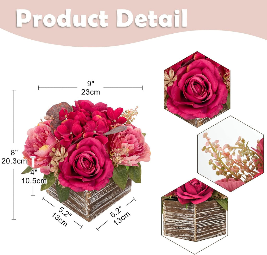 Flower Arrangement with Wooden Vase 8" Artificial Flowers in Pot - Fake Flowers Roses Peonies Hydrangeas in Wooden