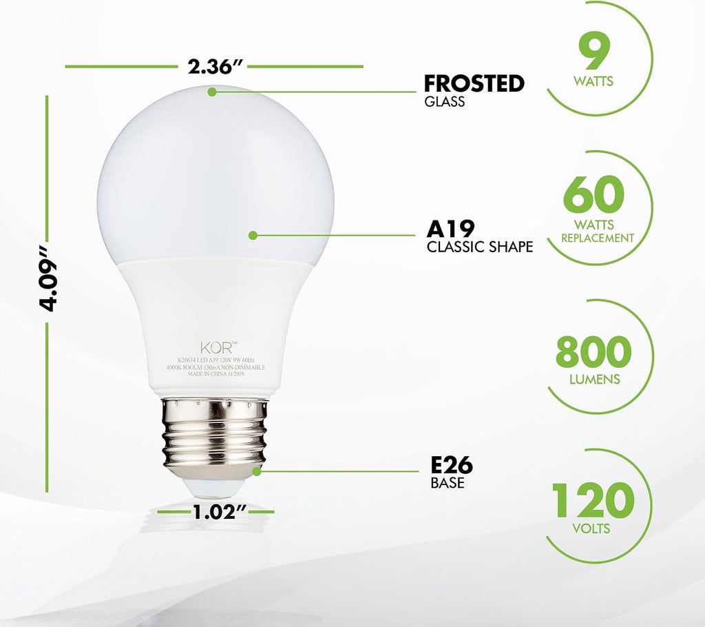 6 Pack A19 LED Light Bulb, 60W Equivalent, 5000K Bright White, 800 Lumens, Efficient 9 Watt Replacement Bulbs with