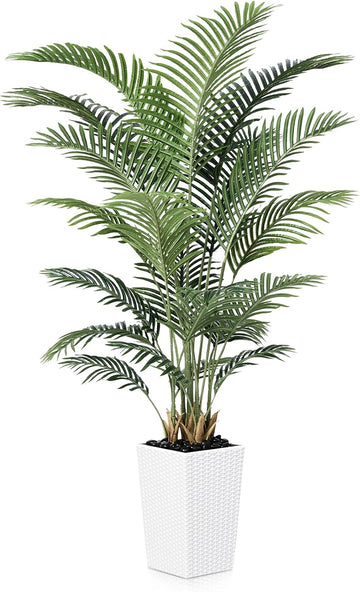 6FT Artificial Palm Tree - Tall Fake Tree with White Taper Planter & Pebbles, UV Resistant Decor - Large Potted Faux