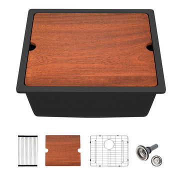 21x18 Inch Black Undermount Granite Composite Bar Sink, Small Quartz Workstation Sink with Ledge, Deep Single Bowl