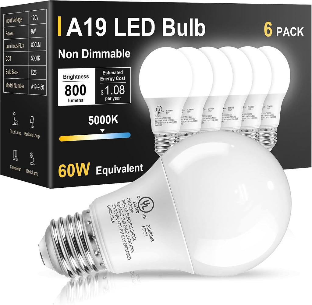 6 Pack LED Light Bulbs 60 Watt Equivalent, Daylight White 5000K A19, Efficient 9W, E26 Standard Base, 800 LM Energy
