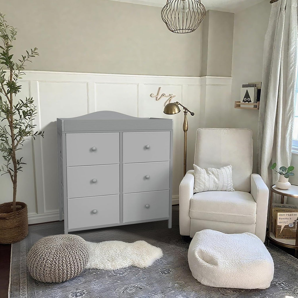 Changing Table Dresser with 6 Fabric Drawers, Baby Dresser with Changing Table Top Diaper Changing Station with