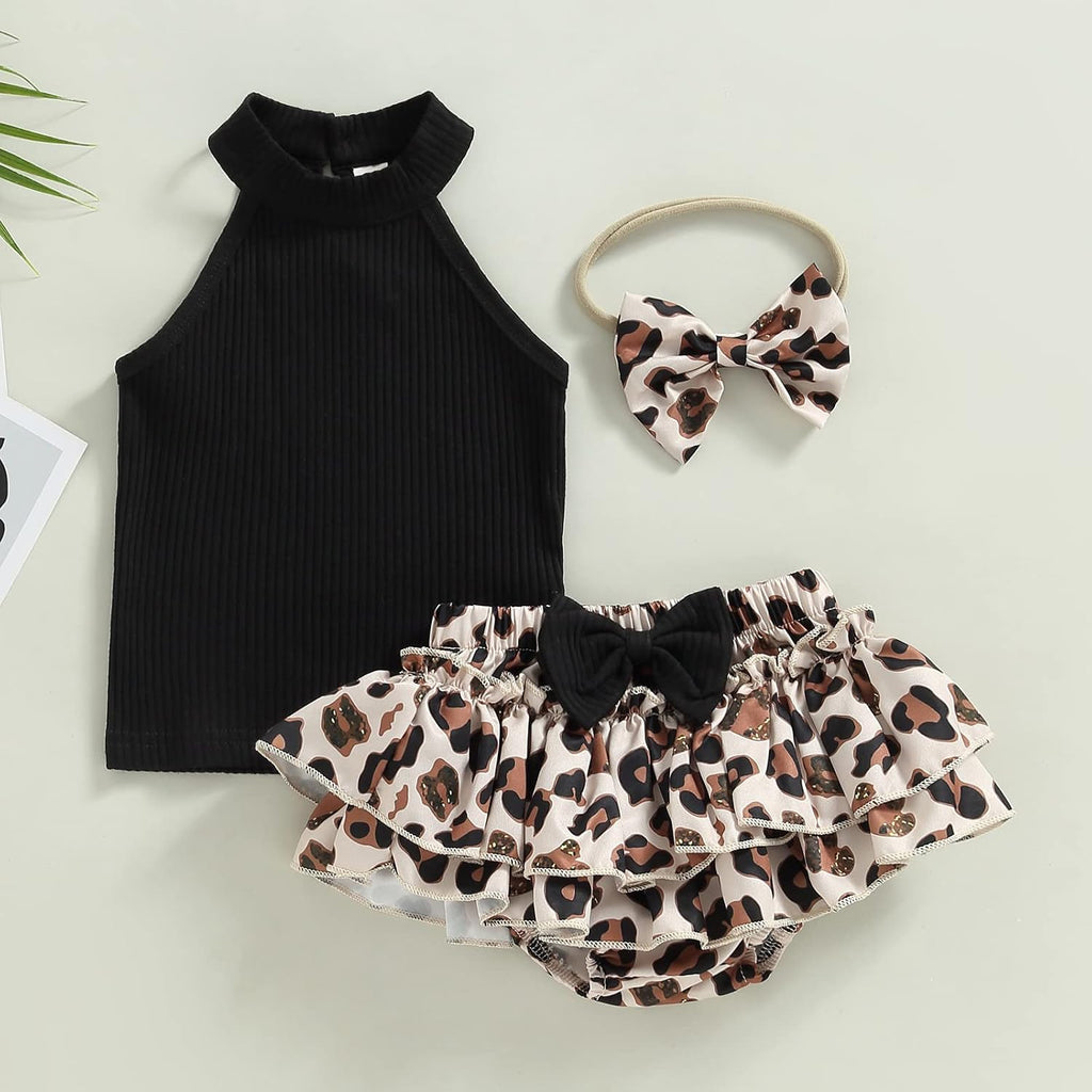 Baby Girl 3Pcs Summer Outfits, Sleeveless Halter Tops+Leopard Print Ruffle Shorts +Headband 3pcs Cheetach Set